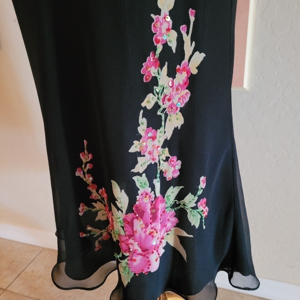 Robbie Bee 90s Black Floral Embroidered 2 Piece Peplum Top and Midi Skirt Set - Picture 8 of 9